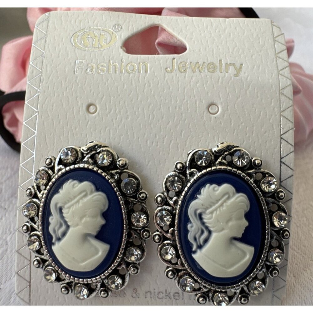 Classic Cameo CZ Blue Cream Silver Tone Oval Earrings NEW W Gift Bag